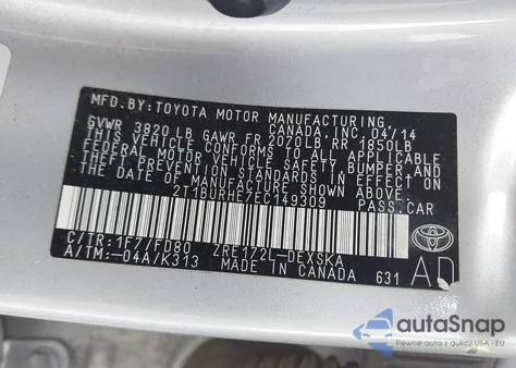 2014 Toyota Corolla S Plus z USA, uszkodzony, nr VIN 2T1BURHE7EC149309